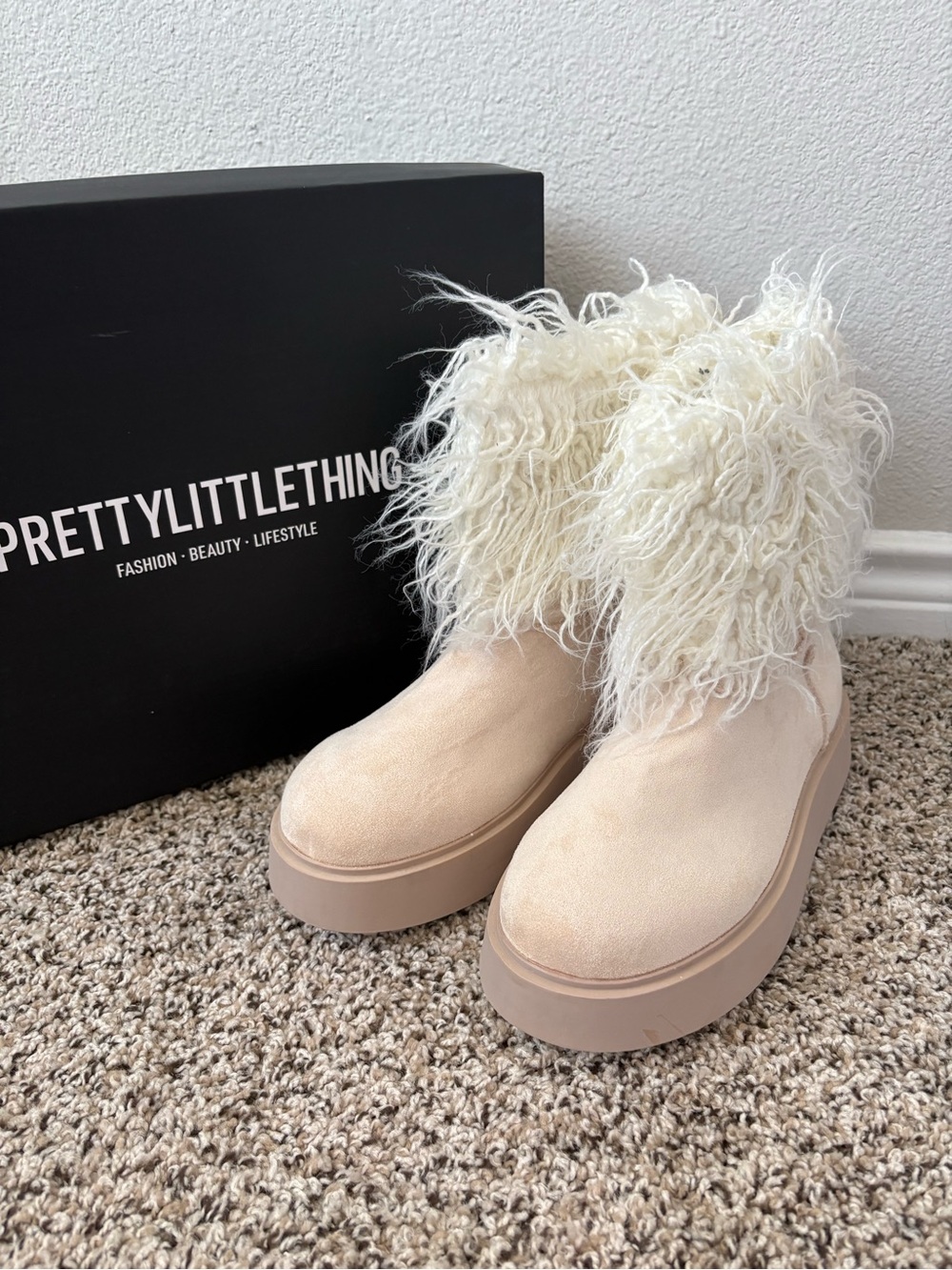 PRETTYLITTLETHING Cream Faux Fur Platform Ankle Boots